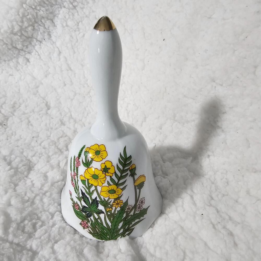 Vintage Flambro Porcelain Hand Bell Floral Multicolor 6" Taiwan Server Dinner